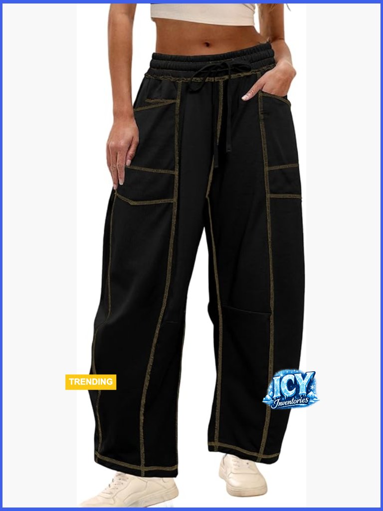 Womens Baggy Barrel Pants Wide Leg Lounge Drawstring Sweatpants With Pockets